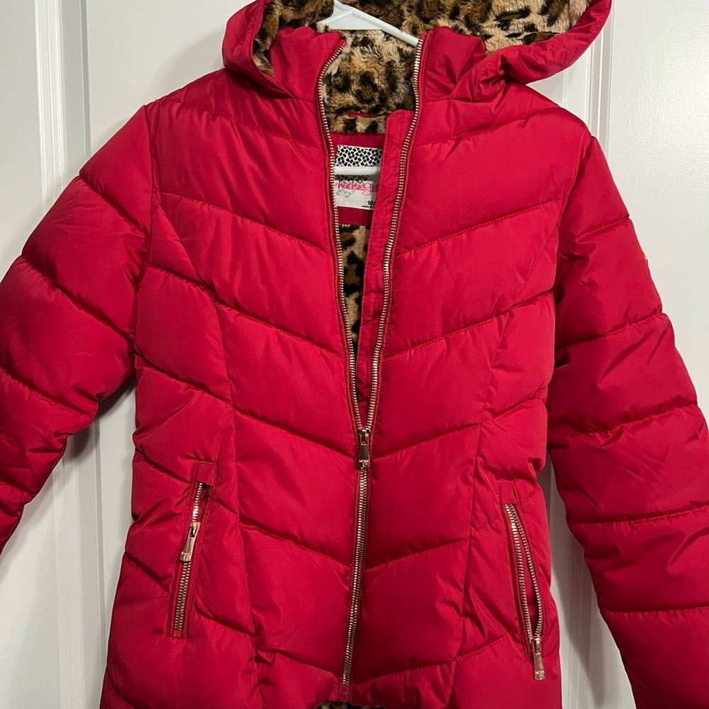 Stylish Red Girls Jacket with Leopard Print Lining 10/12